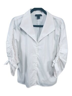 St. John White Blouse with Butterfly Ruched Sleeves and Bow - Sz 12 Like New